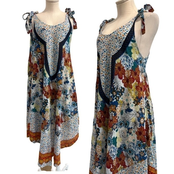 Seven Islands Rayon 1/4 Circle Multi Pattern Summer Dress With Shoulder Ties - Picture 1 of 12